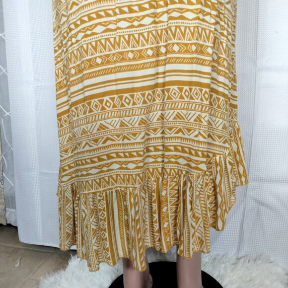 Western Style Mustard Yellow High Low Dress with buttons Ruffle hemline - Picture 9 of 16